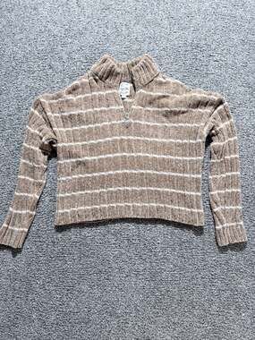 Hippie Rose Retro Indie Striped Chenille Quarter-Zip Cropped Sweater - Small